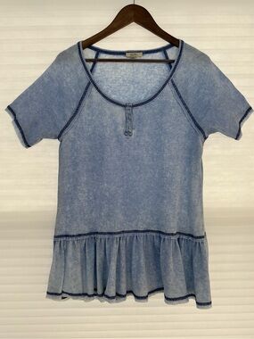 Kori America Mineral Wash Henley Top Medium Blue Waffle Knit Ruffle Hem Boho